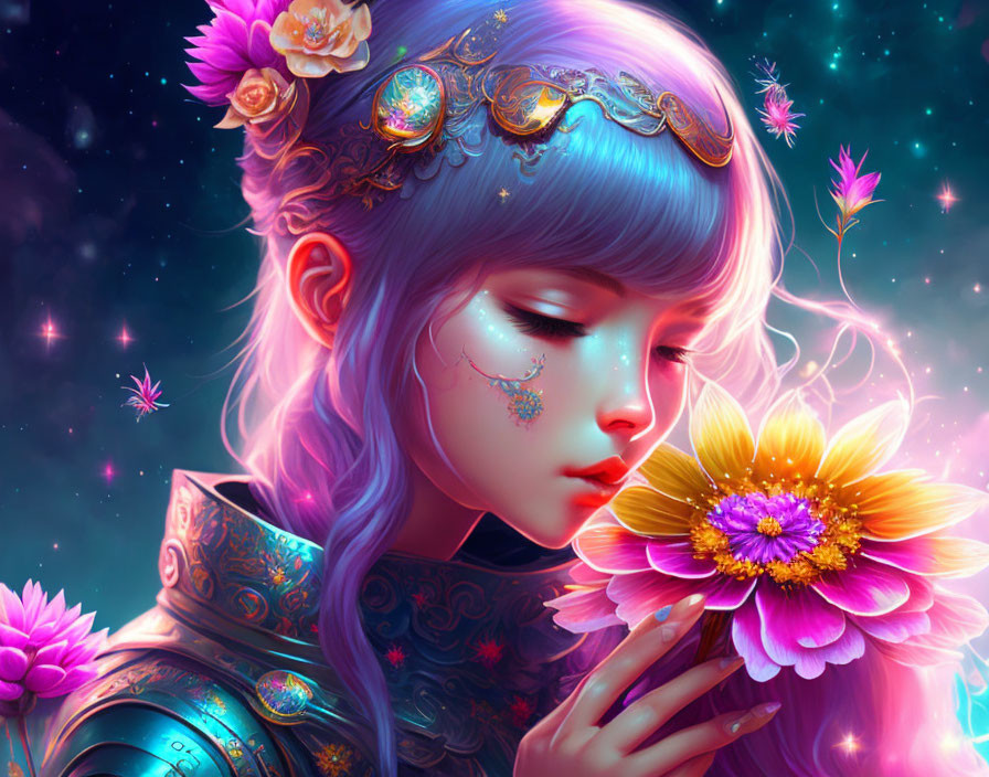 Illustration of girl with lavender hair and floral ornaments holding oversized flower in magical starry setting