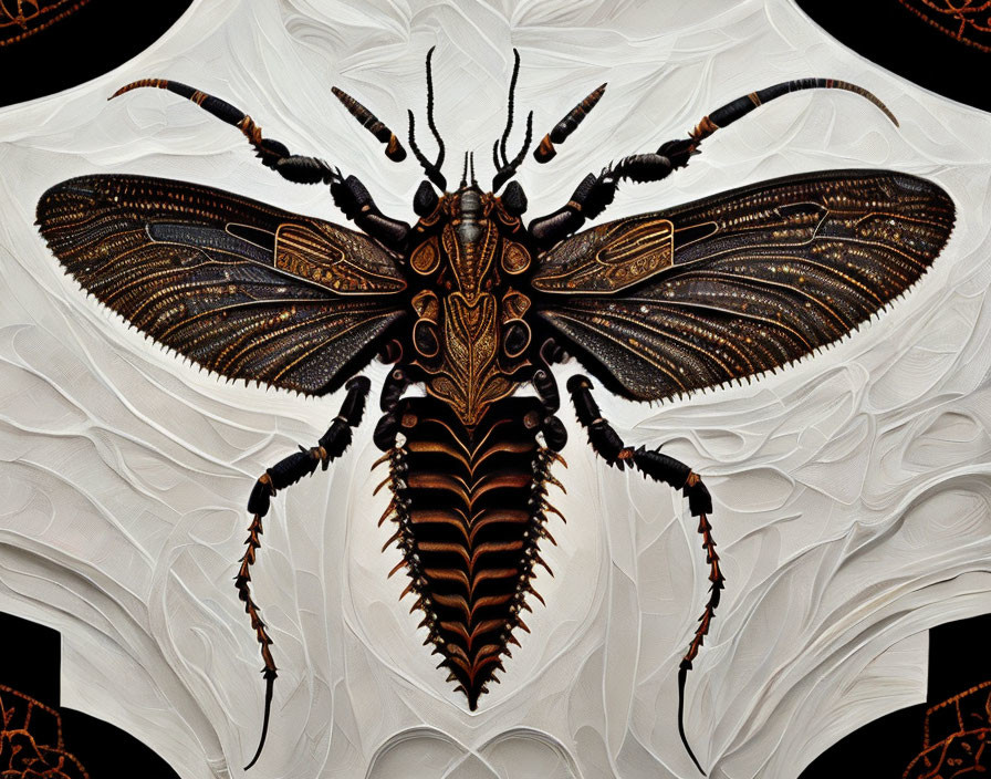 Intricate insect illustration with elaborate wing patterns