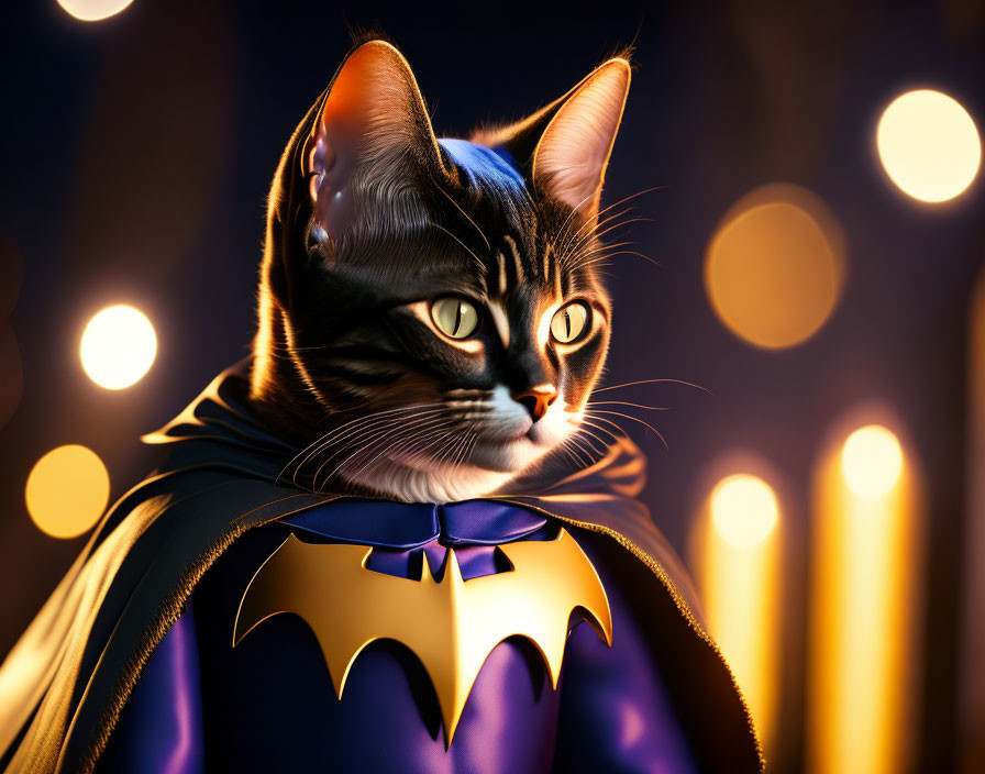 Cat in superhero costume with cape in front of glowing lights