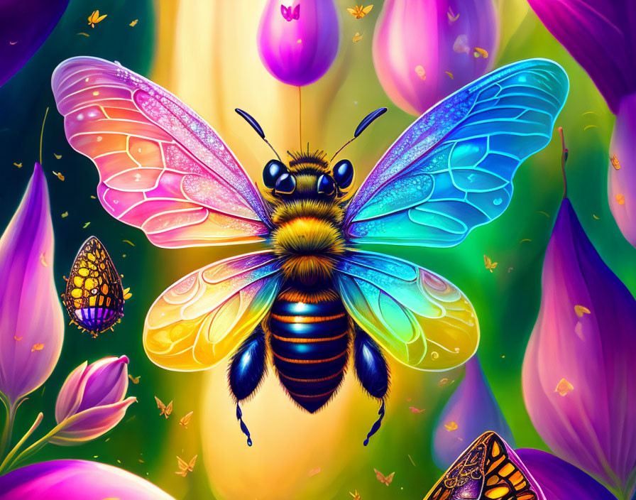 Colorful bee with delicate wings among vibrant flowers and balloons