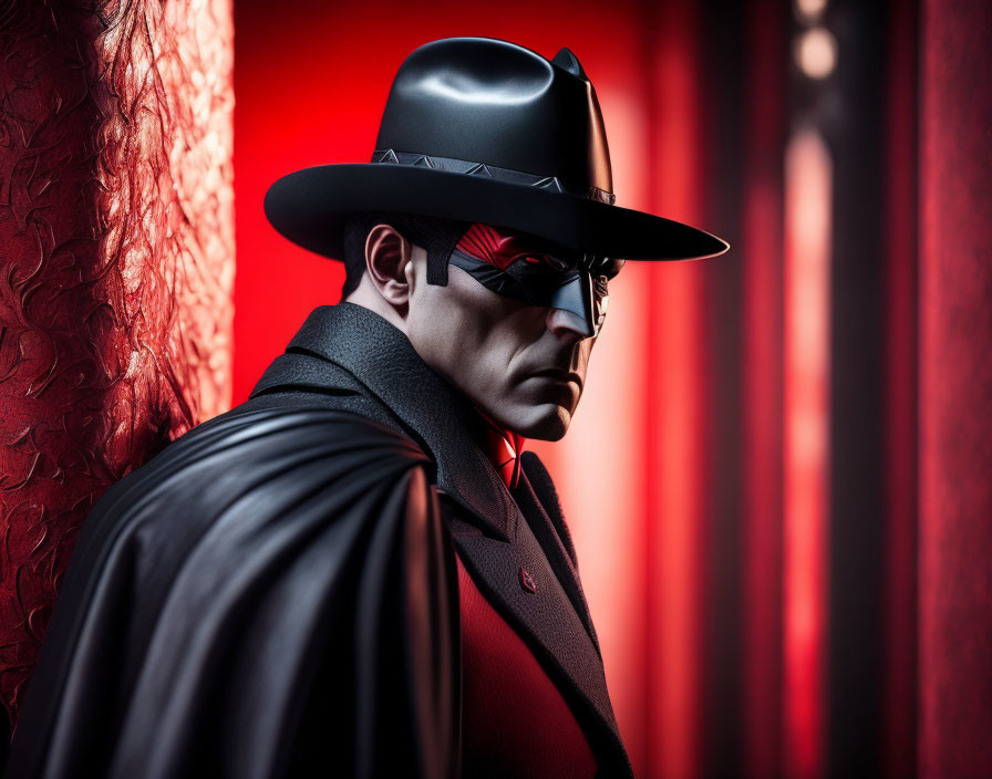 Mysterious man in black trench coat, fedora, and red mask against red backdrop