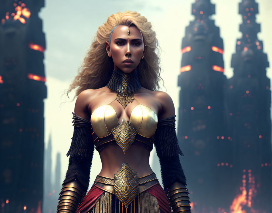 Blonde Female Warrior in Golden Armor with City Ablaze
