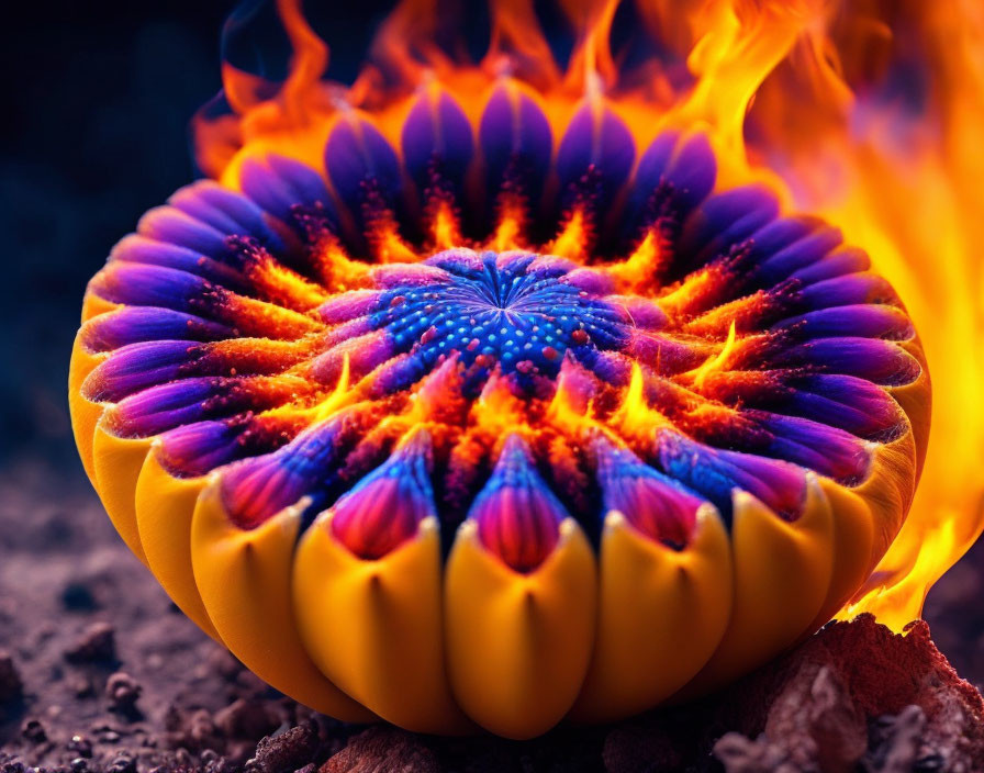 Flower-like object in flames with vibrant colors