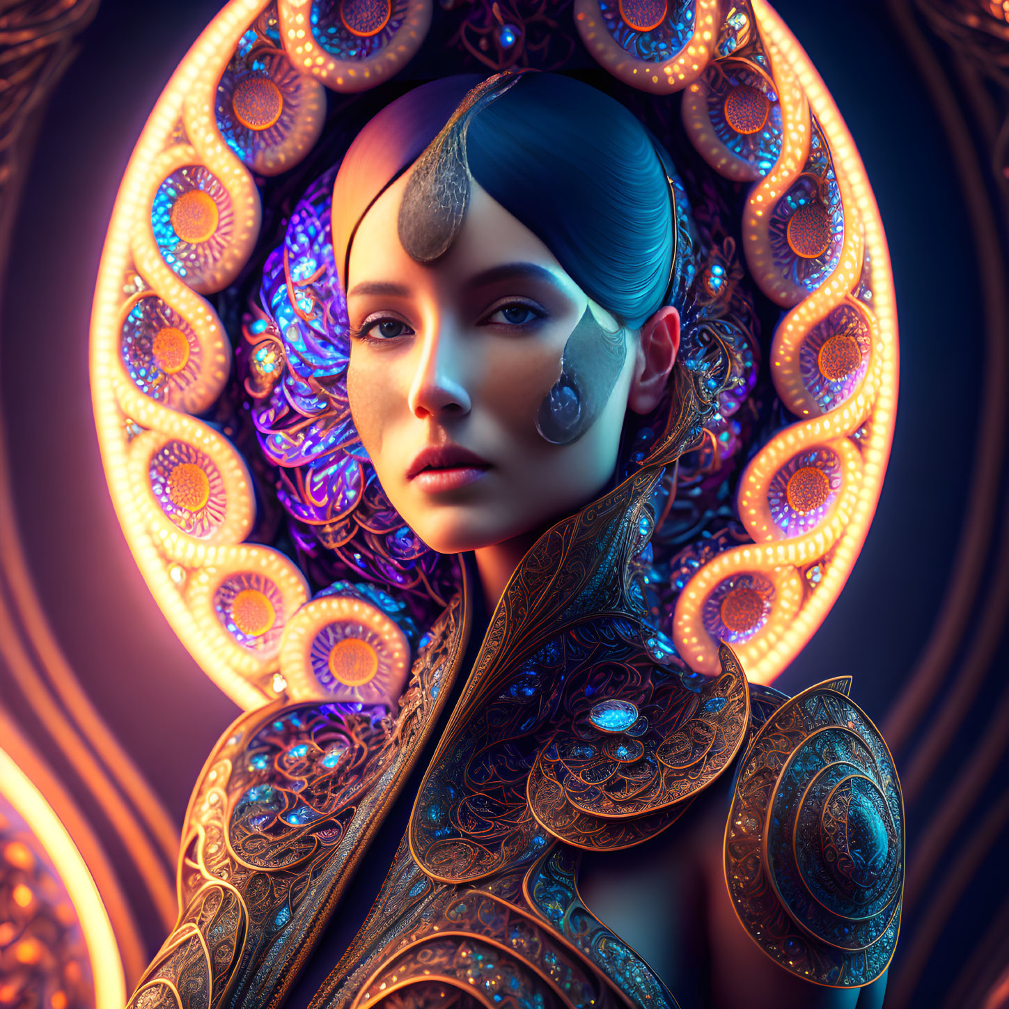 Blue-skinned woman in golden armor with mandala background
