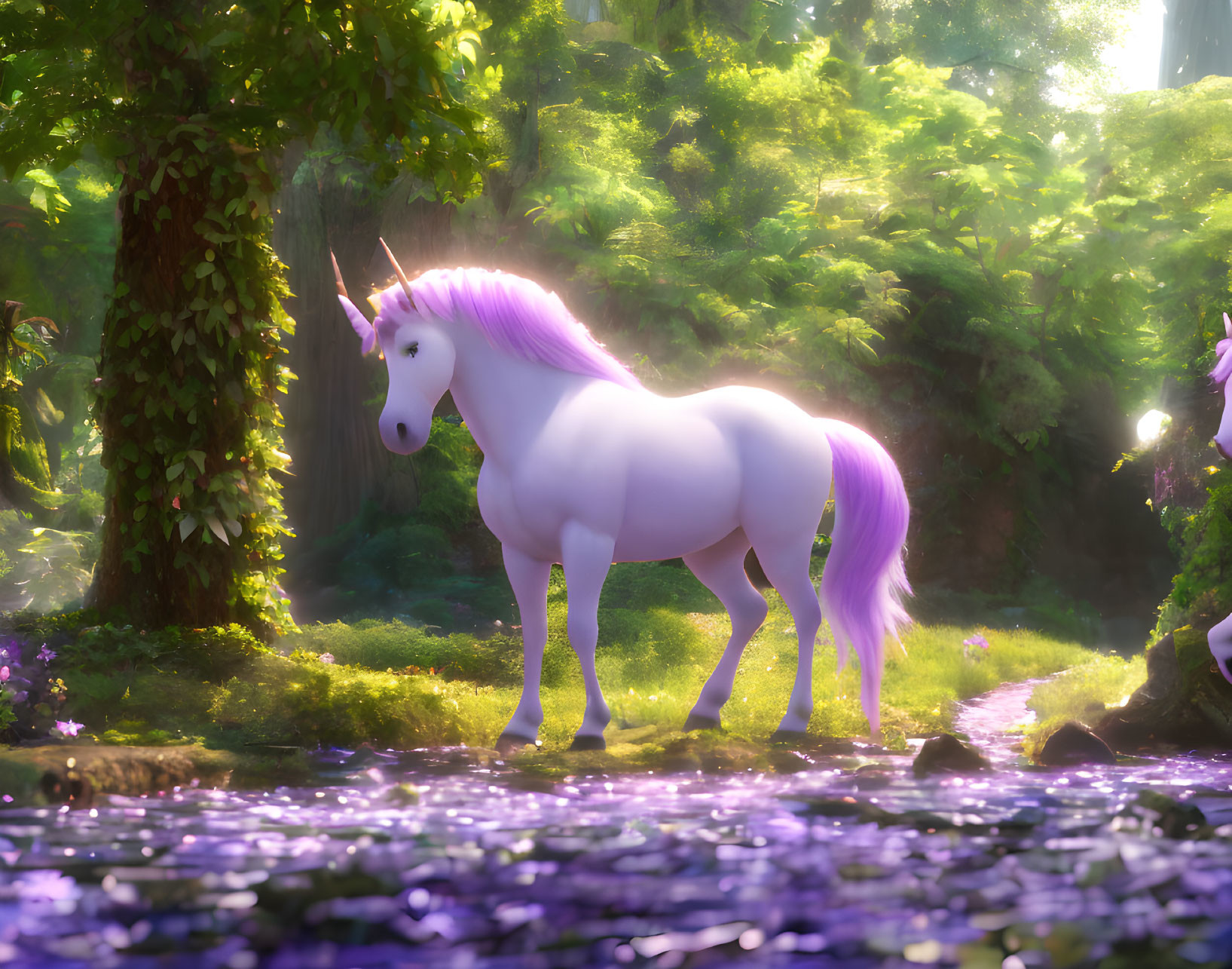 Majestic unicorn with purple mane in sunlit forest by stream