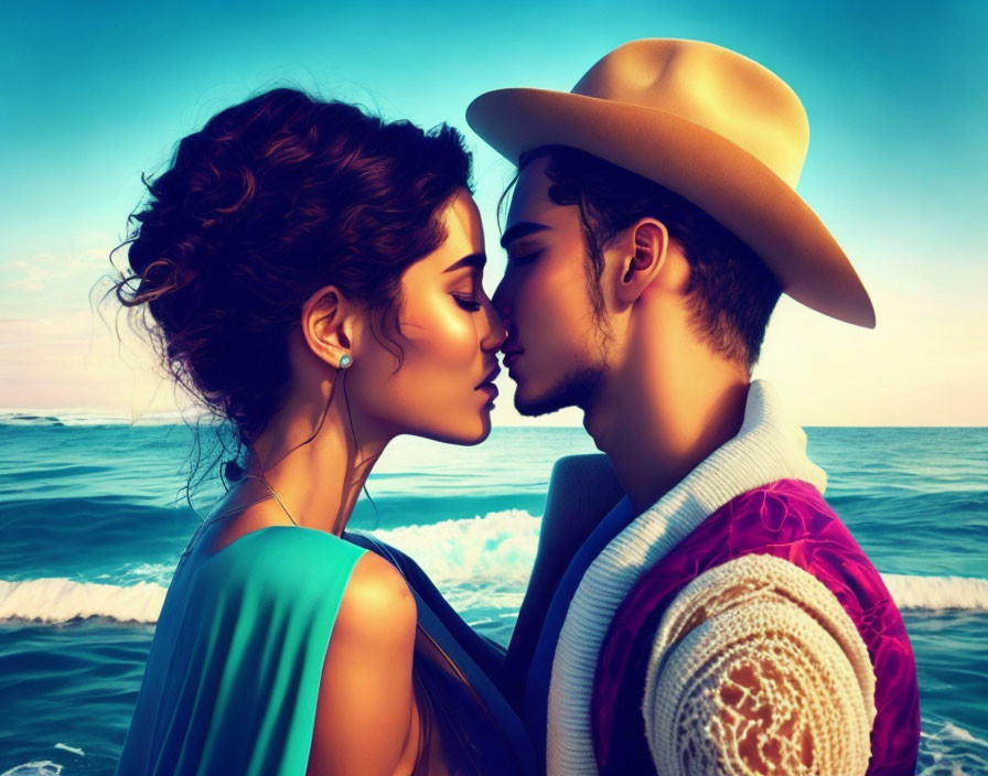 Animated characters share a sunset beach kiss.