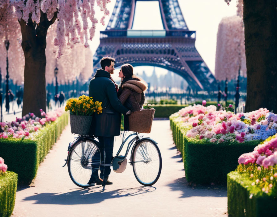 Romantic couple with bicycle near Eiffel Tower and blooming flowers