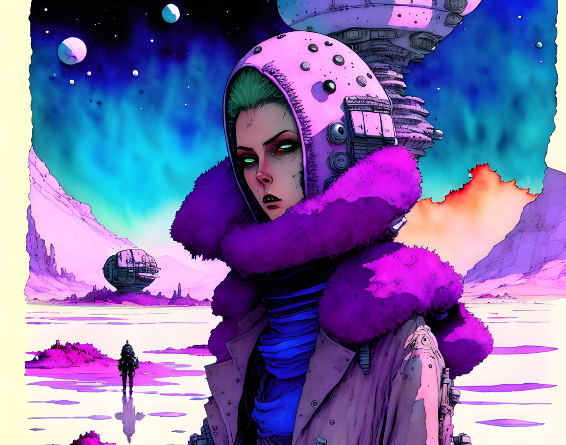 Futuristic spacesuit illustration on alien planet with pink water
