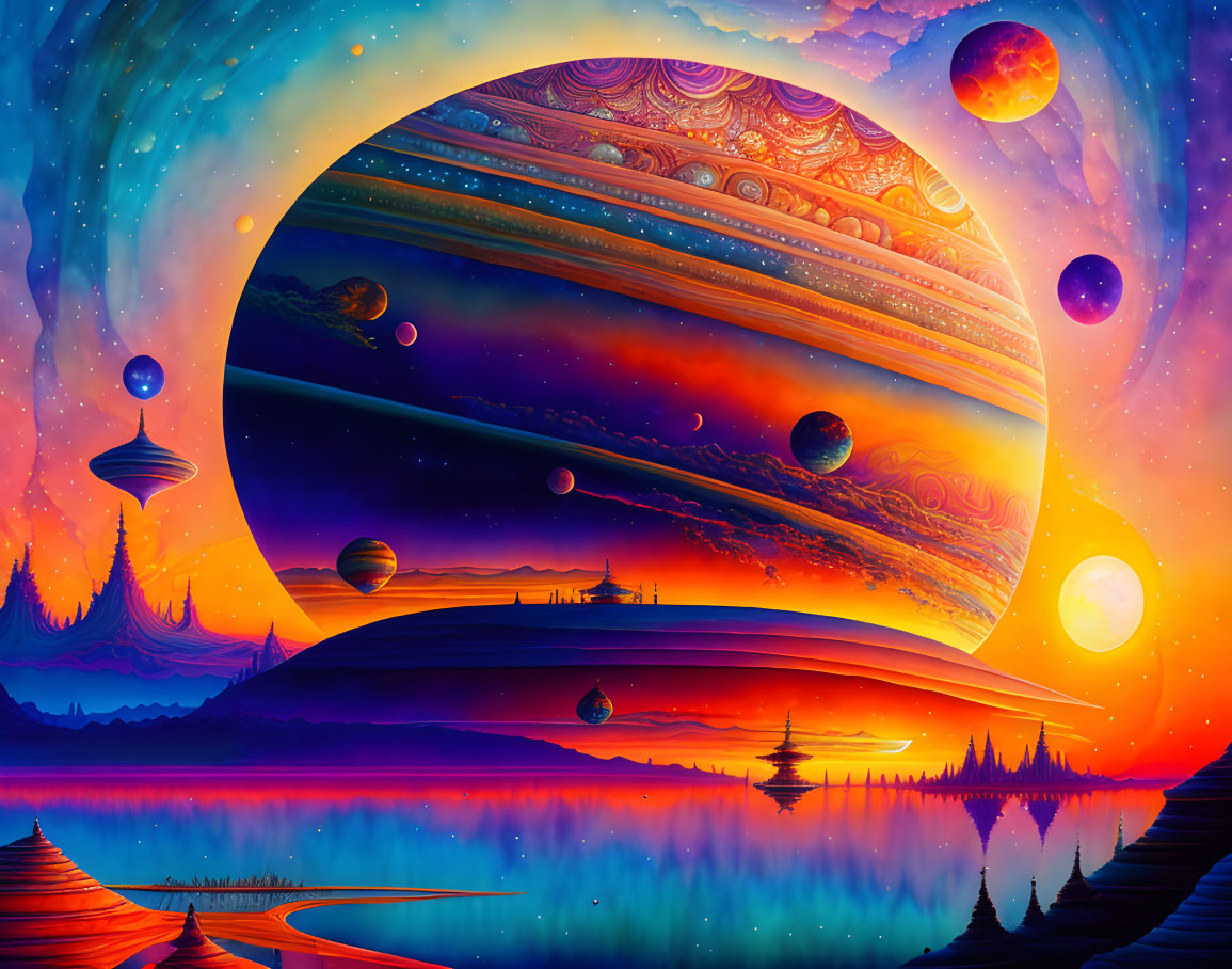 Surreal landscape with ringed gas giant, serene lake, and starry sky