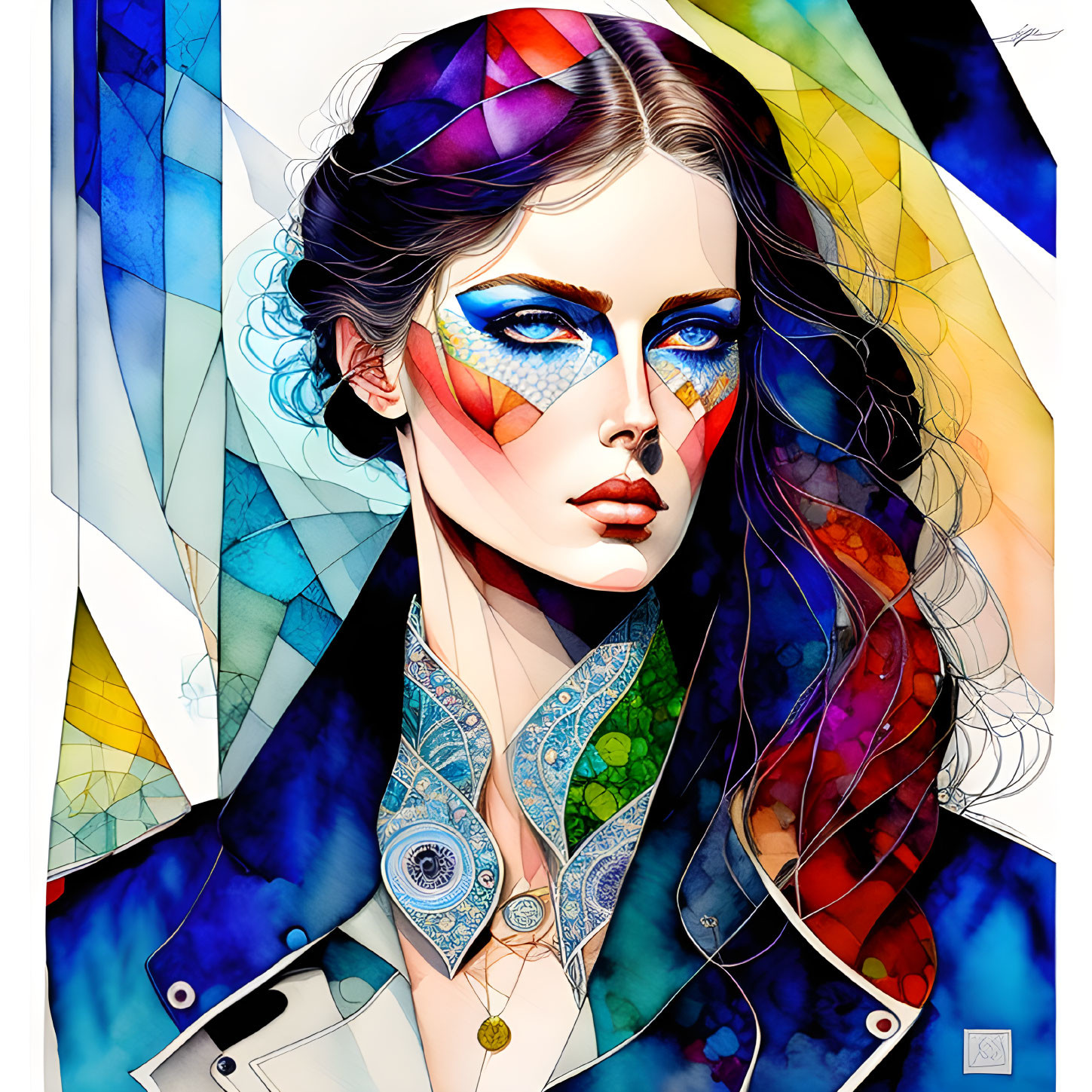 Vibrant geometric watercolor illustration of a stylized woman with striking makeup