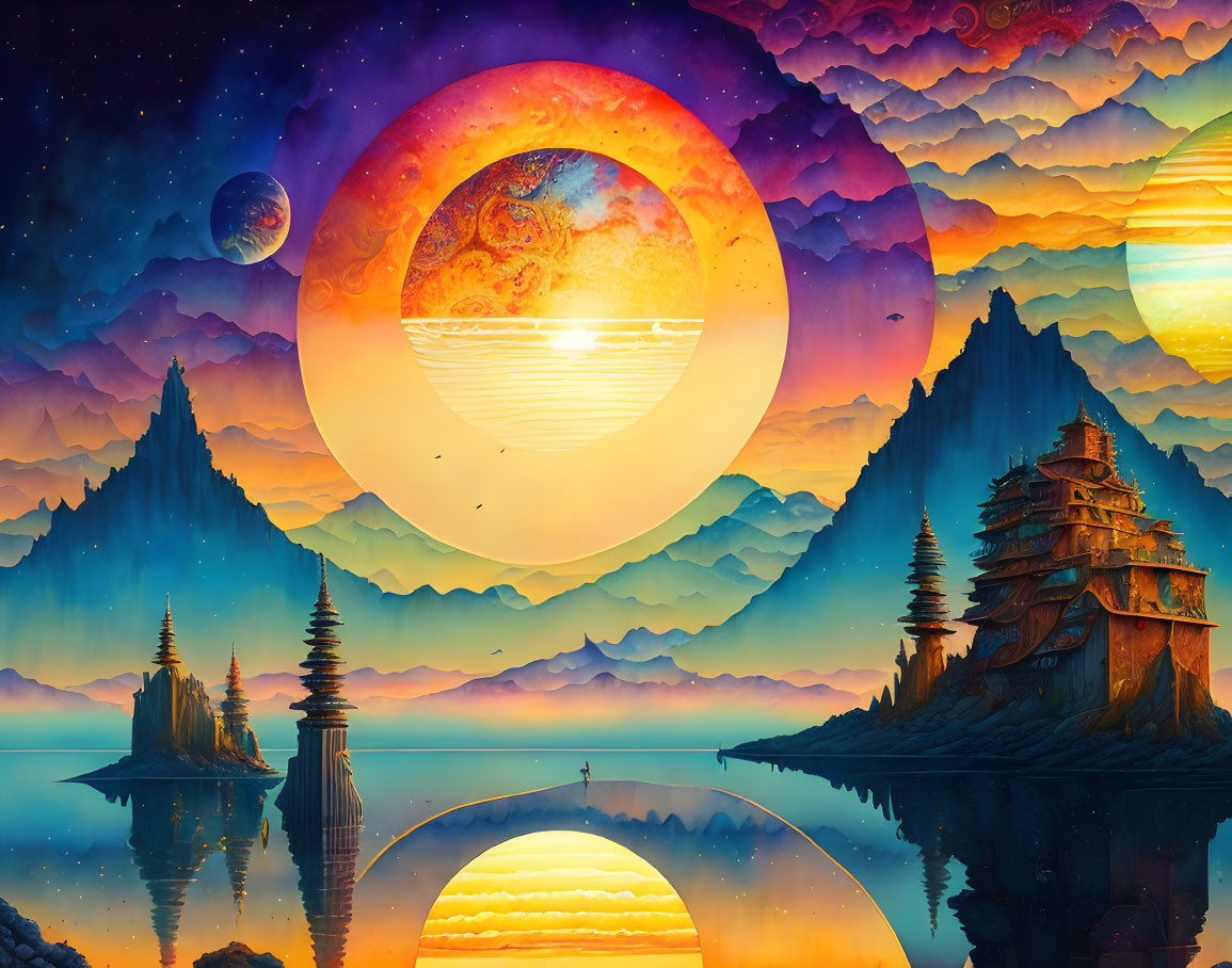 Colorful fantasy landscape with mountains, pagoda, and planetary alignment