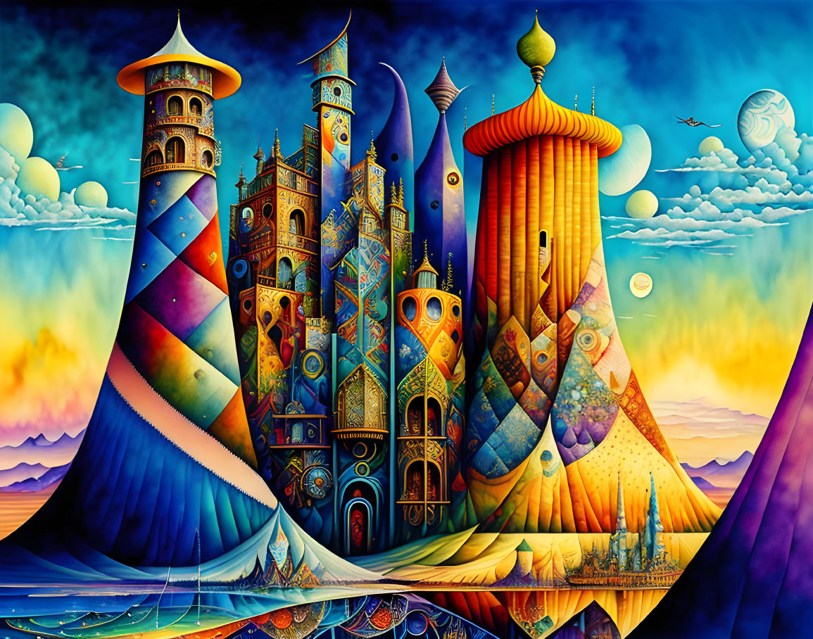 Colorful surreal illustration of whimsical castles and celestial bodies