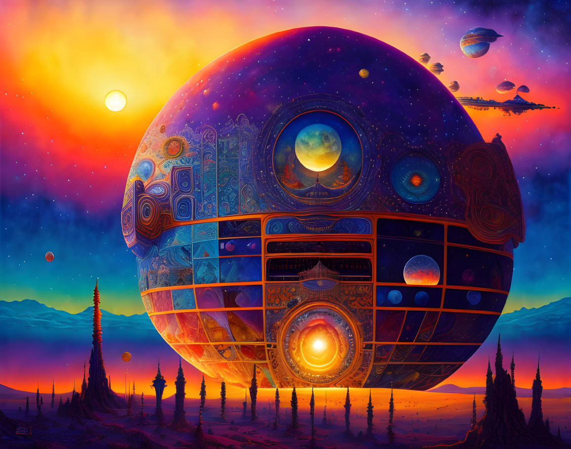 Colorful sci-fi landscape with spherical structure, planets, trees, and desert terrain