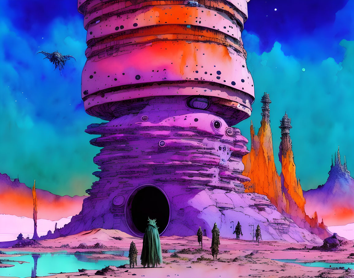 Vibrant sci-fi landscape with towering cylindrical structure and alien terrain