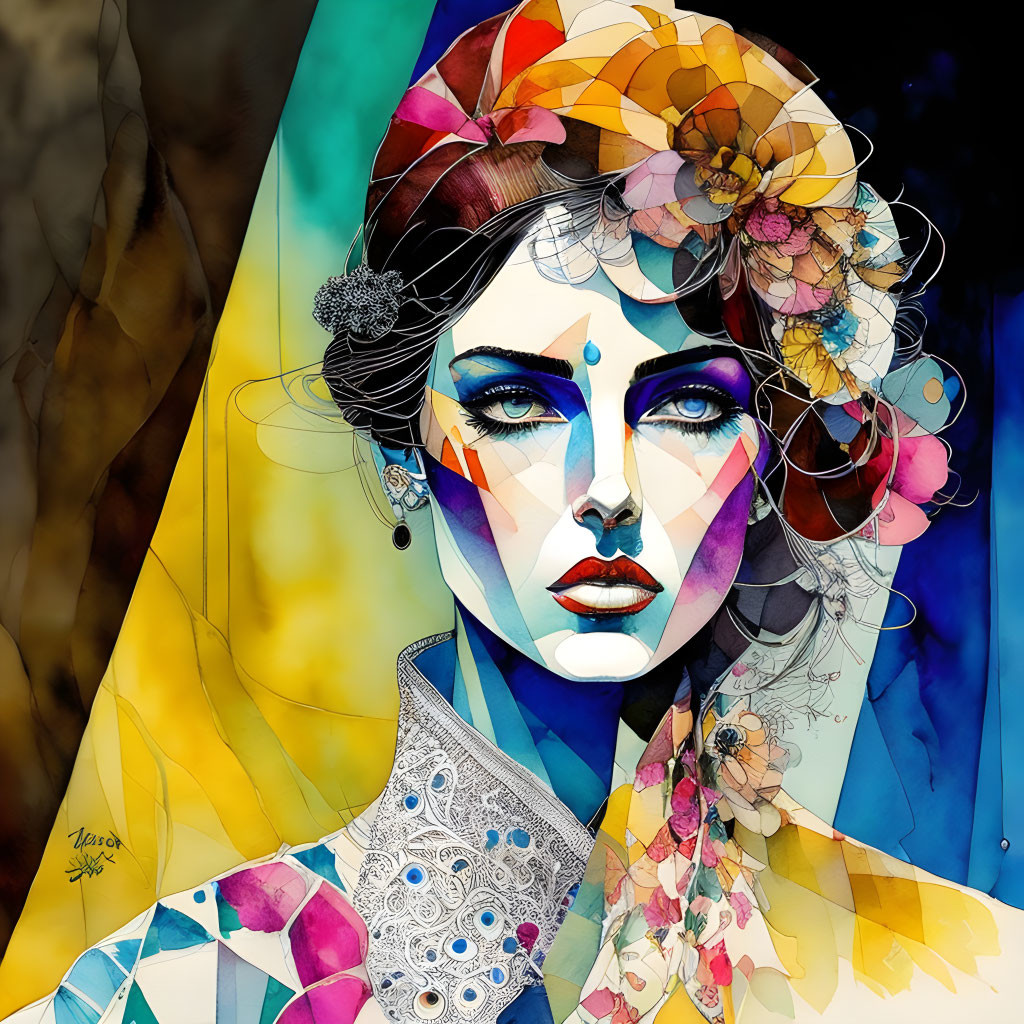 Colorful Watercolor Portrait of Woman with Bold Makeup and Floral Hair