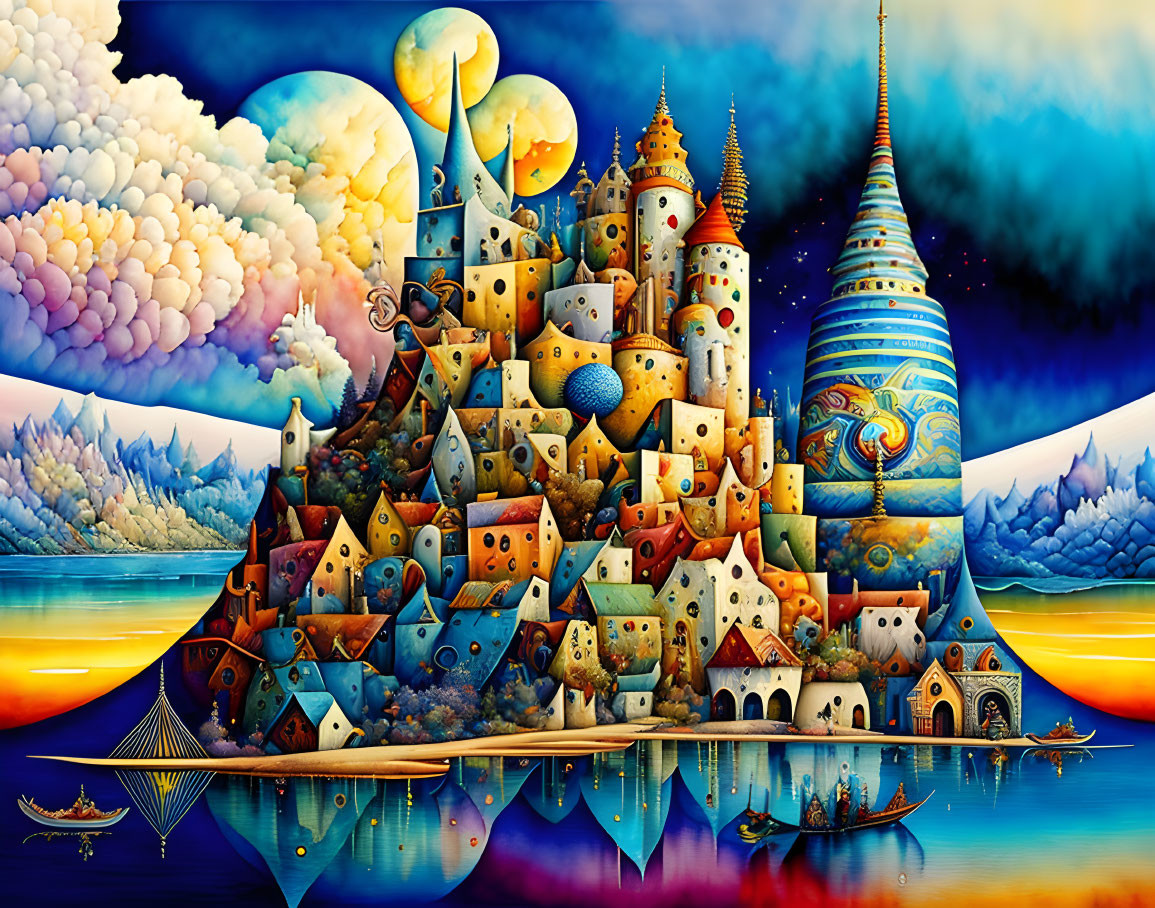 Vibrant surreal cityscape painting with whimsical buildings at sunset