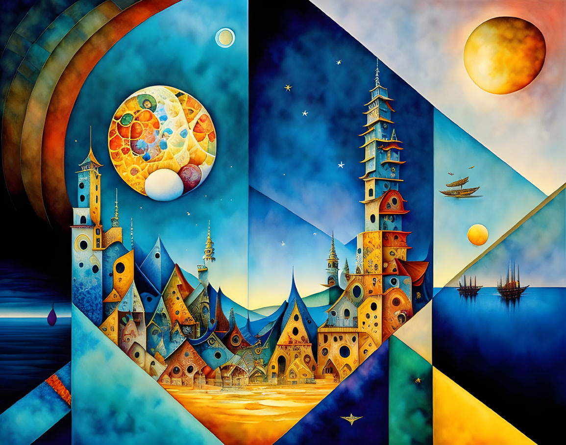 Colorful surreal geometric landscape with whimsical buildings and celestial bodies blending fantasy and architecture