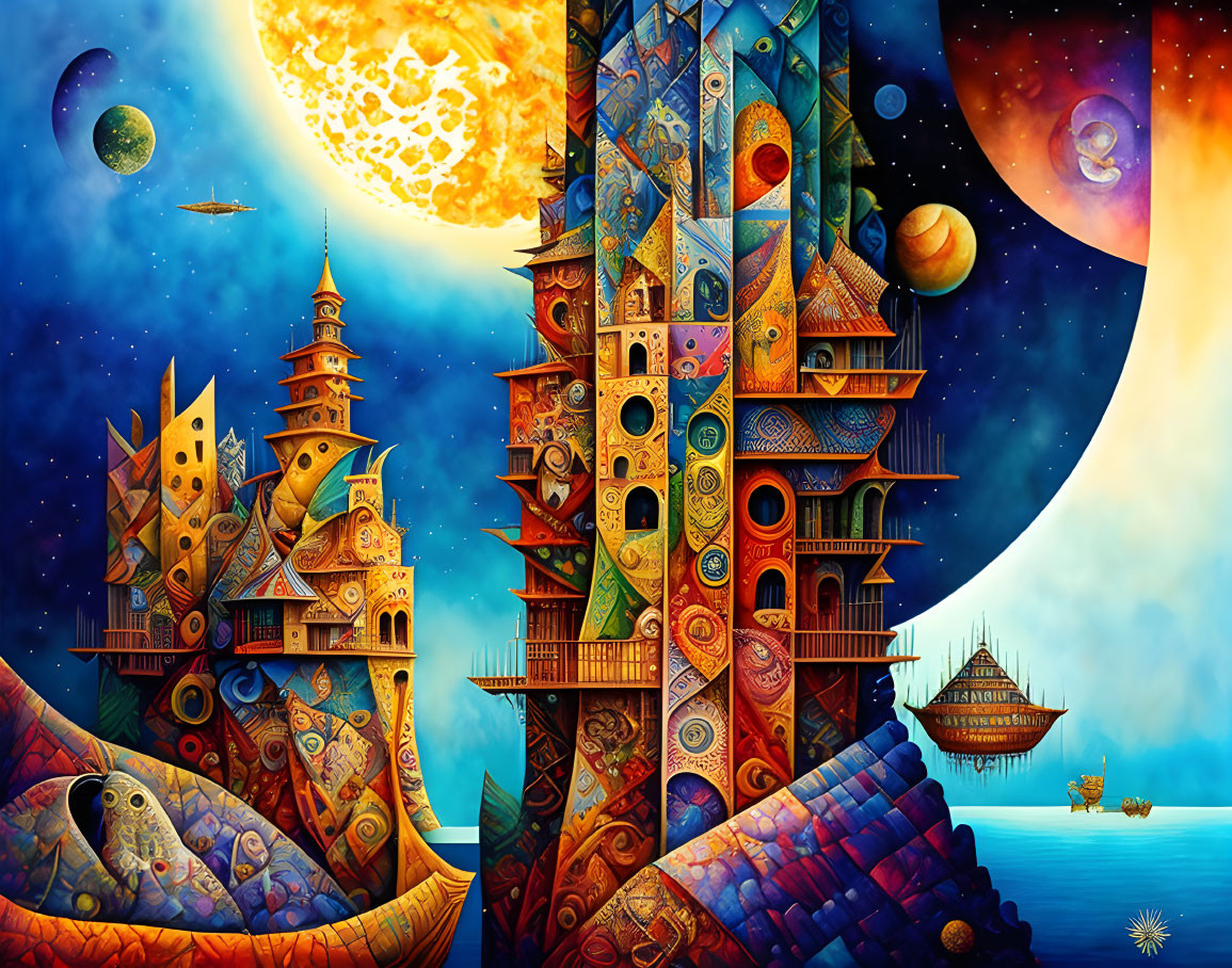 Colorful fantasy painting of whimsical tower against cosmic background