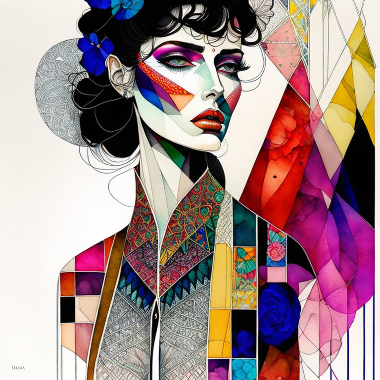 Vibrant geometric artwork of stylized woman with intricate designs