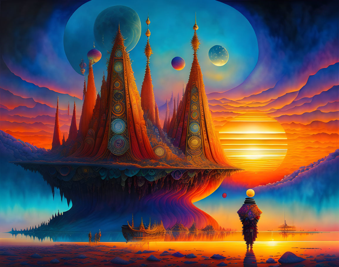 Fantastical landscape with floating islands and multiple moons at sunset