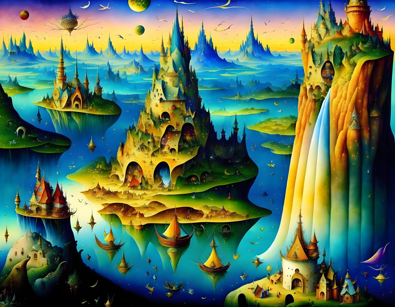 Fantastical landscape with castles, waterfalls, and flying ships under a starry sky