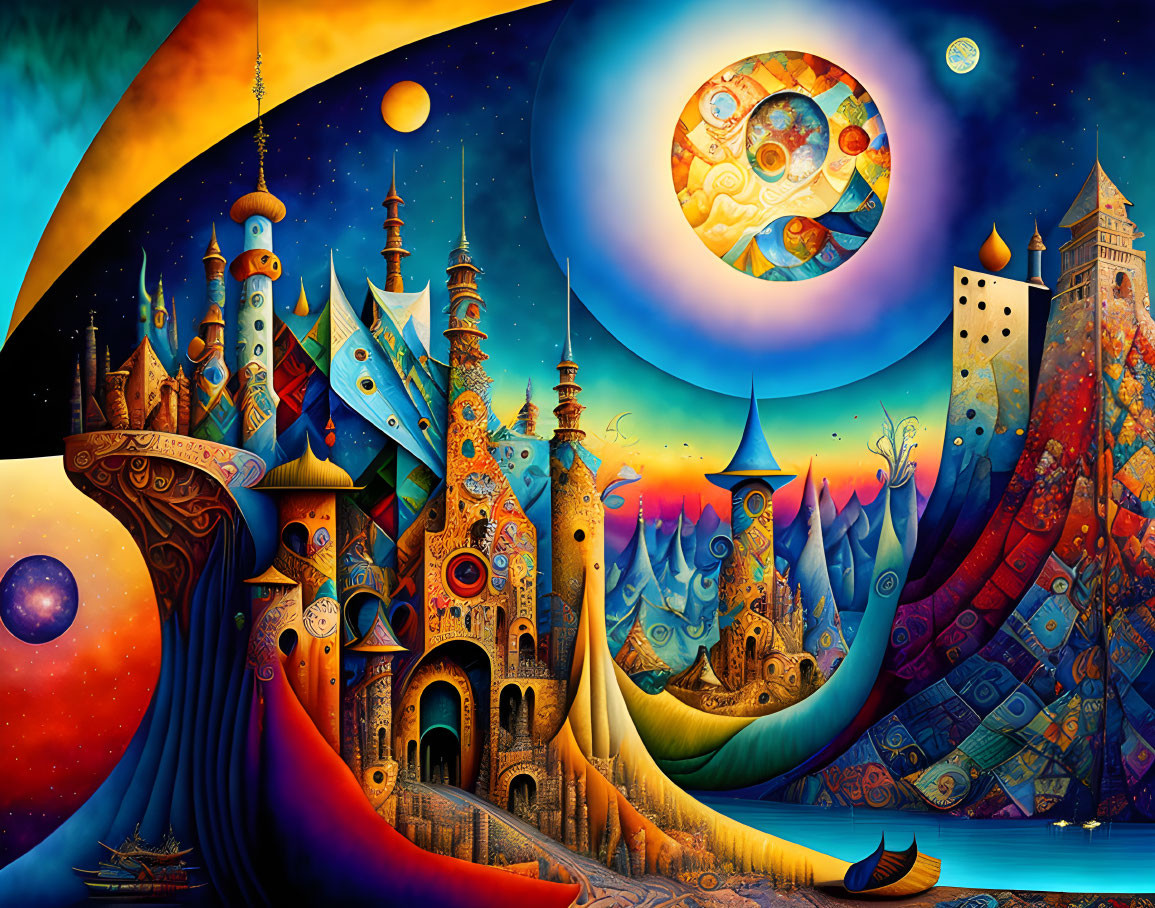 Fantastical landscape with whimsical architecture and celestial bodies