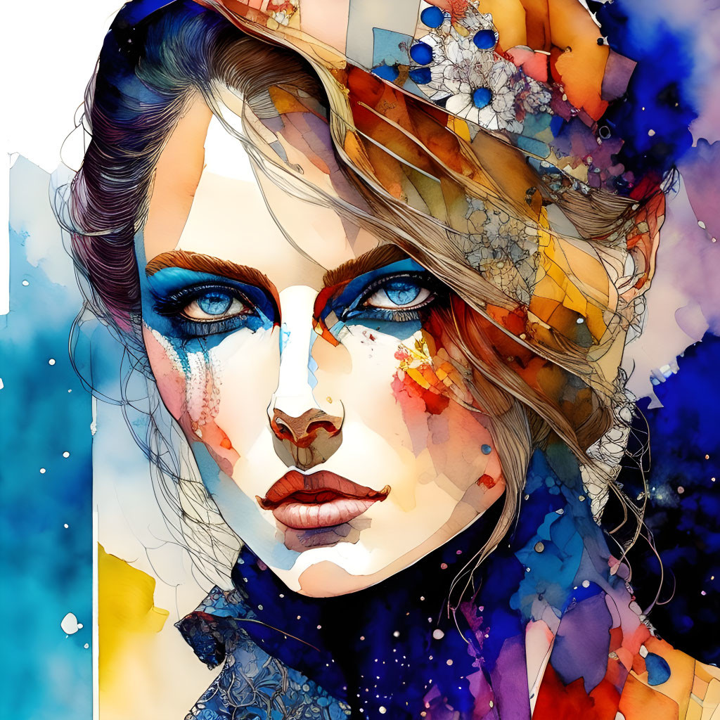 Vibrant watercolor portrait with blue eyes and floral hair elements
