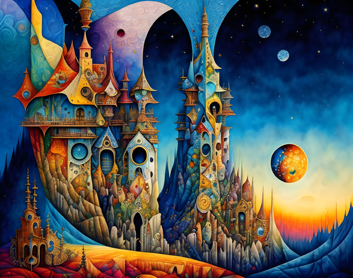 Fantasy castle artwork with mixed architectural styles under starry sky