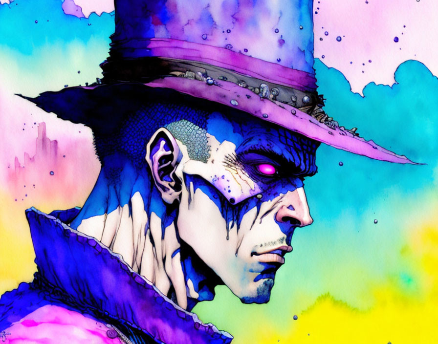 Stylized Male Character with Purple Hat and Striking Features