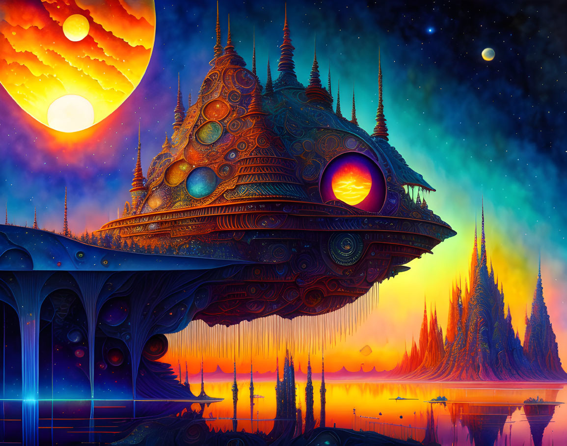 Colorful alien landscape with spaceship and celestial bodies