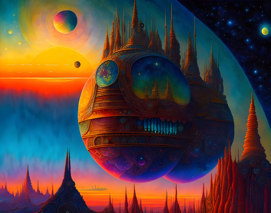 Colorful alien landscape with ornate spaceship and celestial bodies