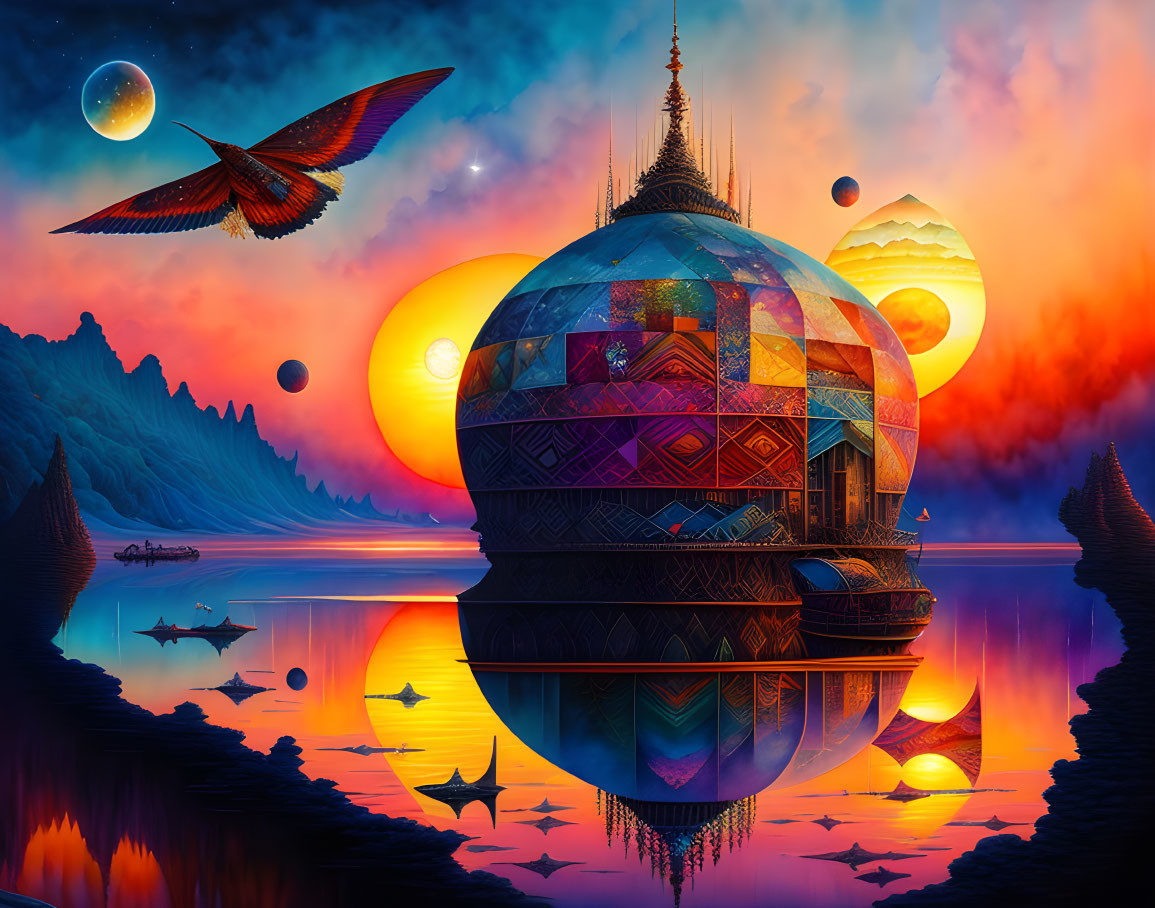 Fantasy landscape with spherical structure, mountains, sunset sky, planets, and bird creature
