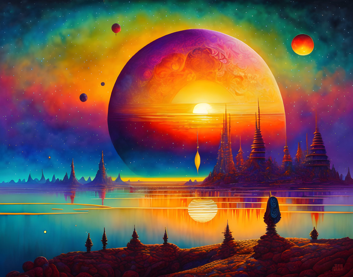 Sci-fi landscape with exotic spires, planetary body, moons, sunset, still water, starry