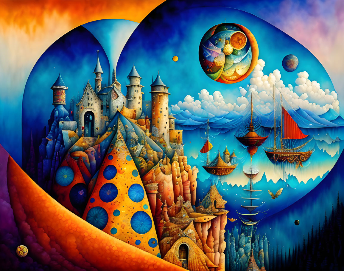 Whimsical surreal painting of castles, ships, and dreamy landscapes
