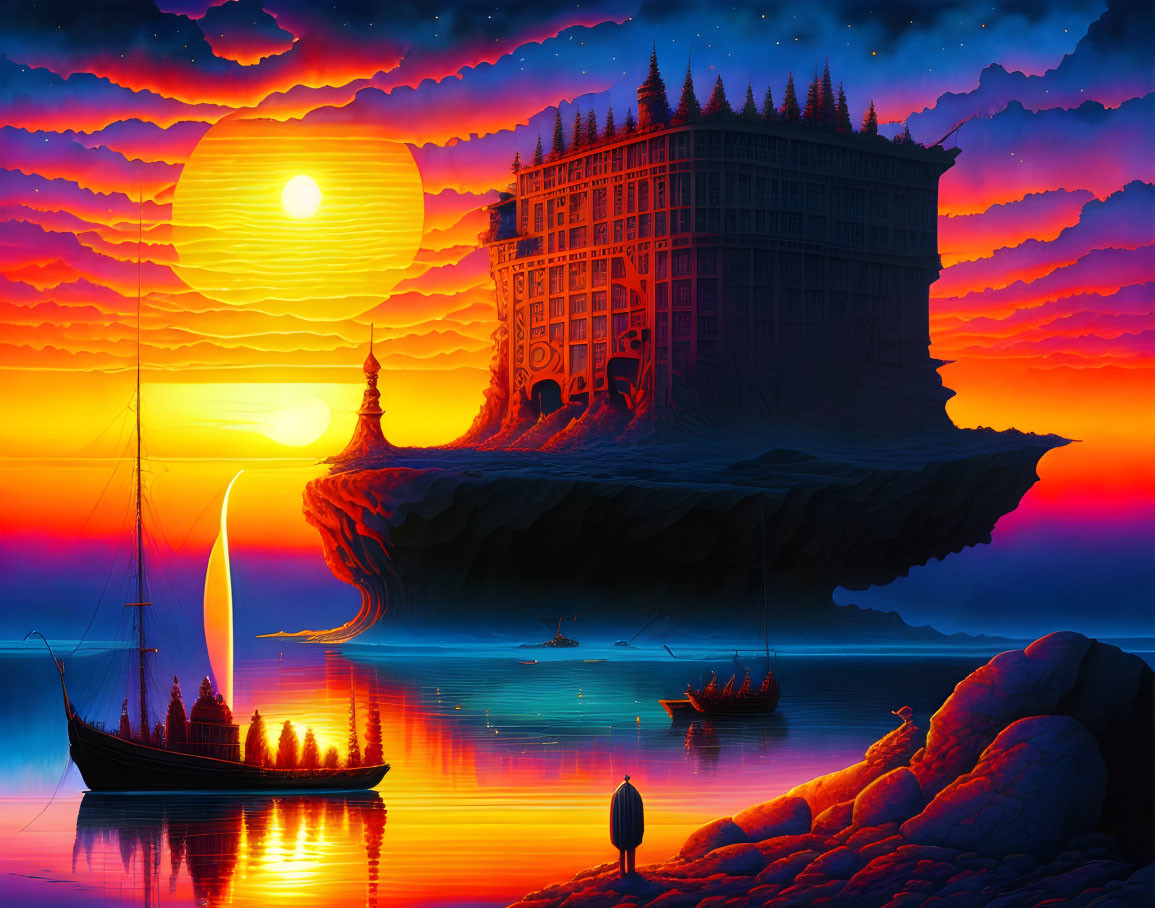 Surreal illustration: floating cliff, building, sunset sky, boats, figure.