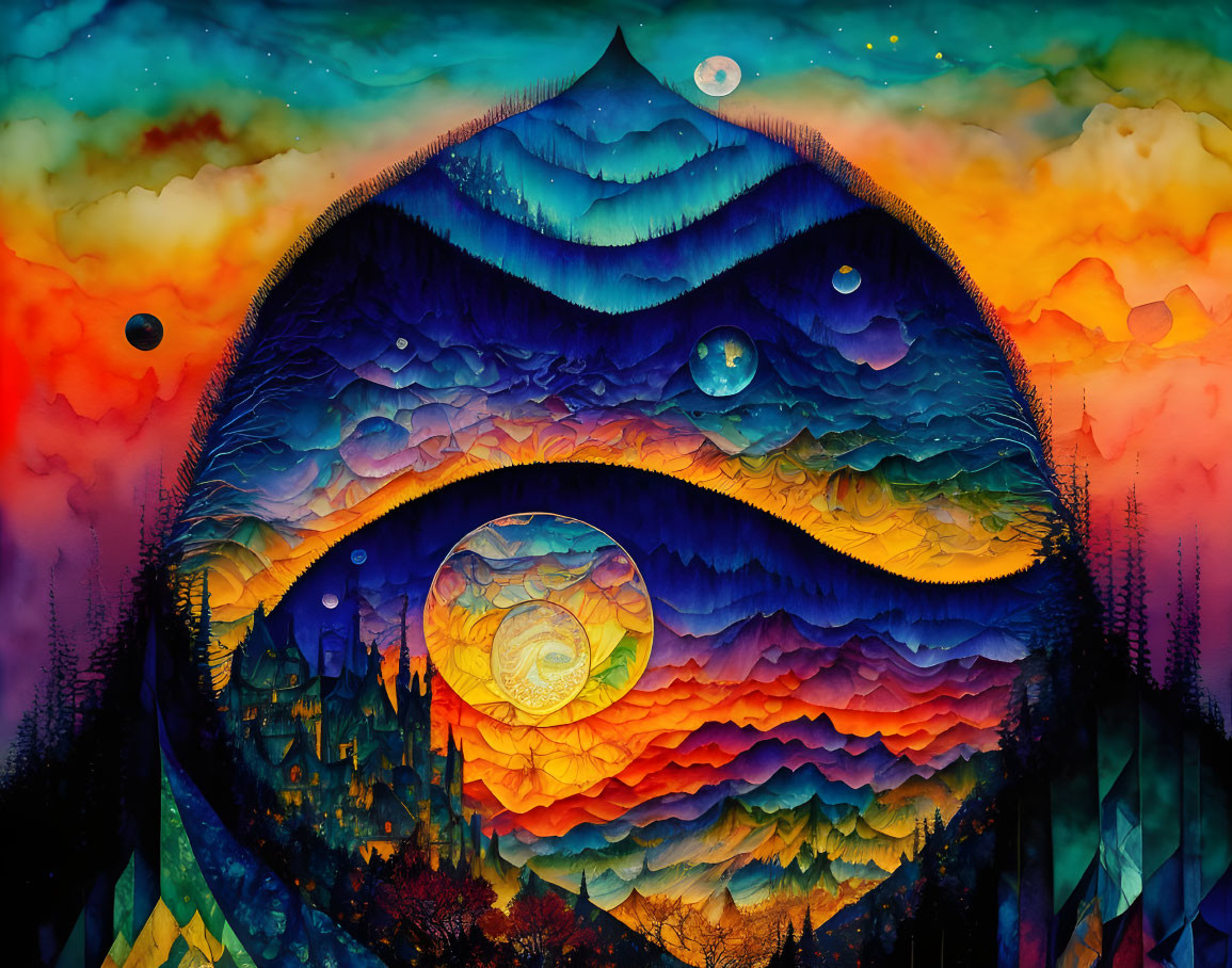 Colorful Psychedelic Landscape with Starry Sky and Celestial Bodies