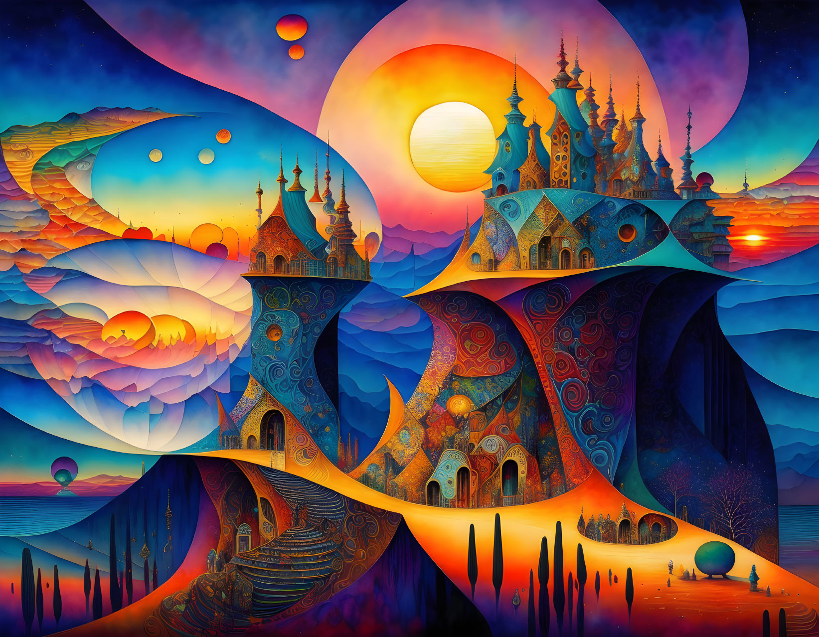 Colorful Whimsical Landscape with Celestial Bodies at Sunset