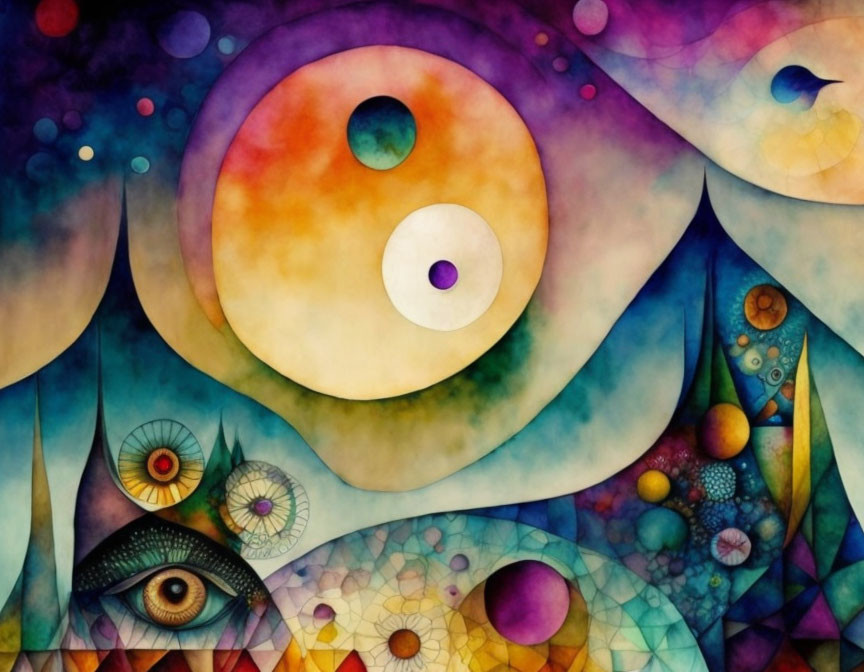 Abstract Watercolor Painting with Vibrant Circular Eye Motifs