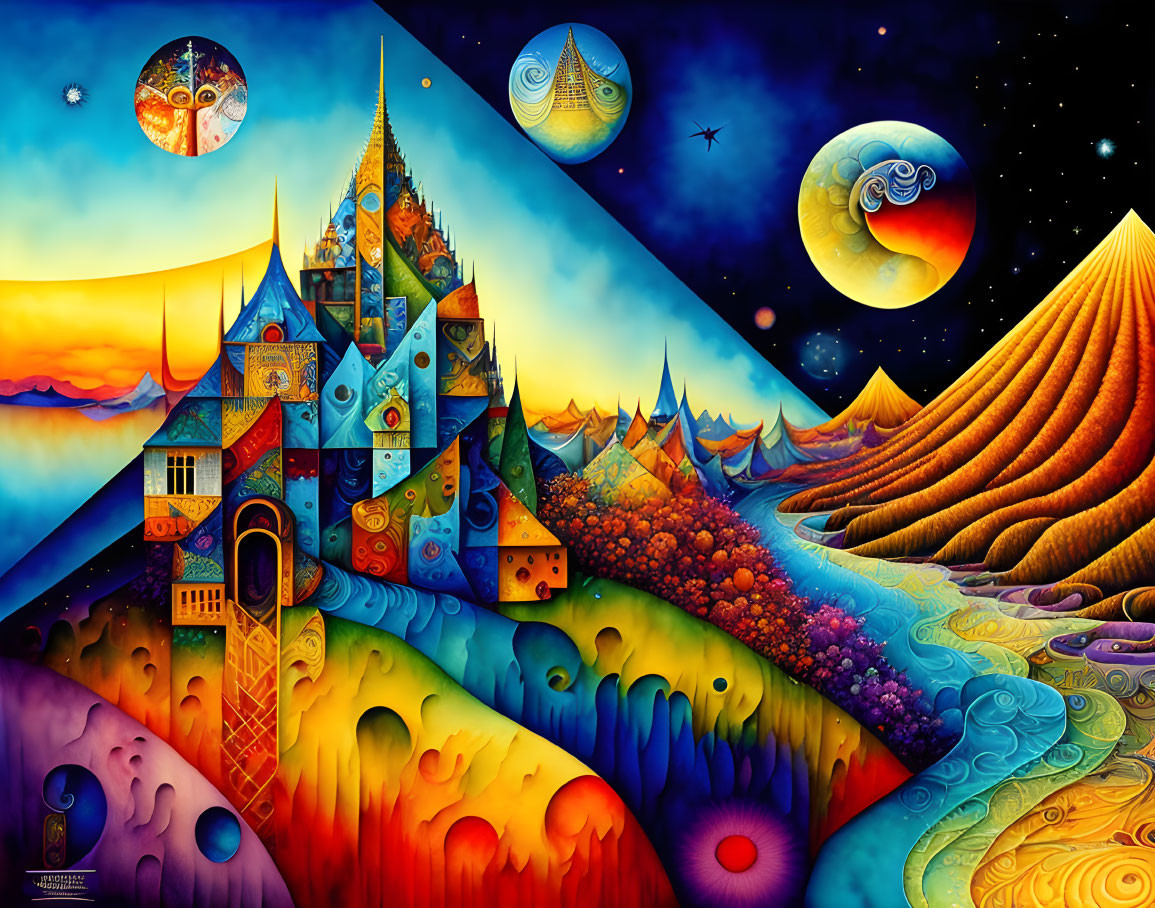 Colorful castle in surreal fantasy landscape with celestial bodies and winding river