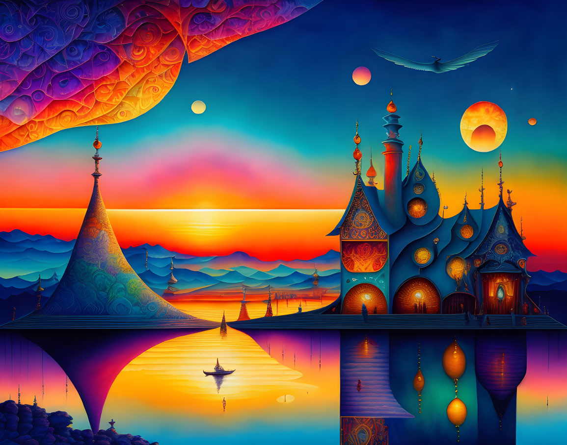 Surreal landscape with ornate buildings, multiple moons, colorful sky, lanterns, bird,