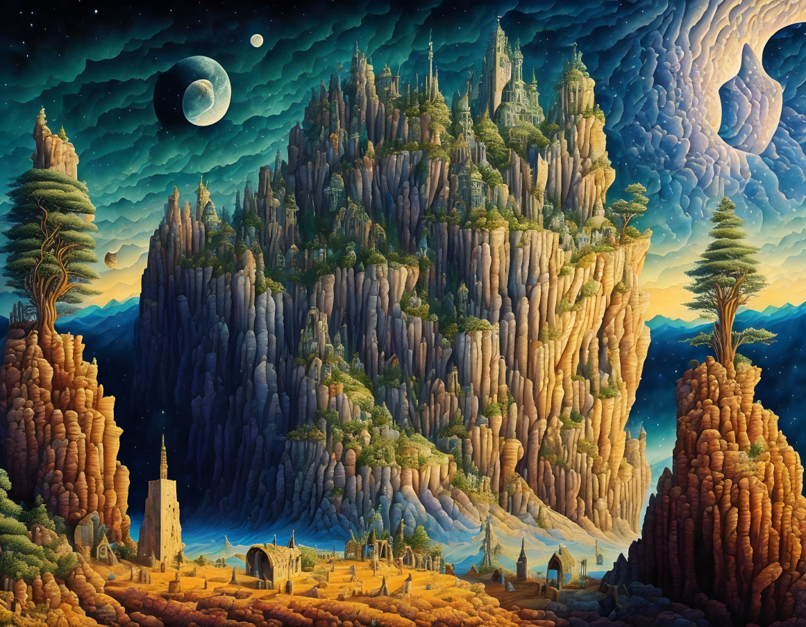 Fantastical landscape with castle, towering rocks, trees, moonlit sky, and flying dove