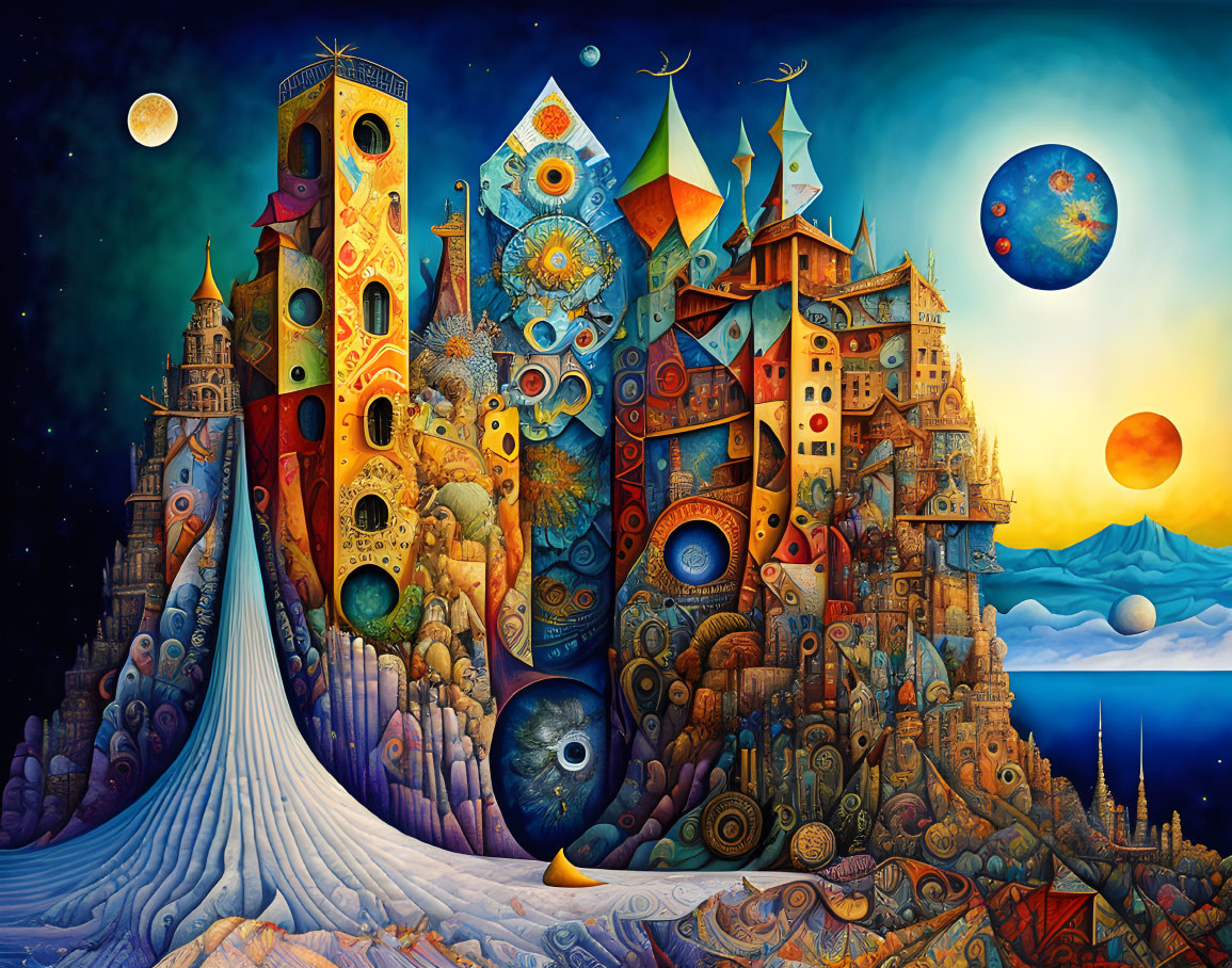 Vibrant surreal artwork of fantastical city with celestial bodies