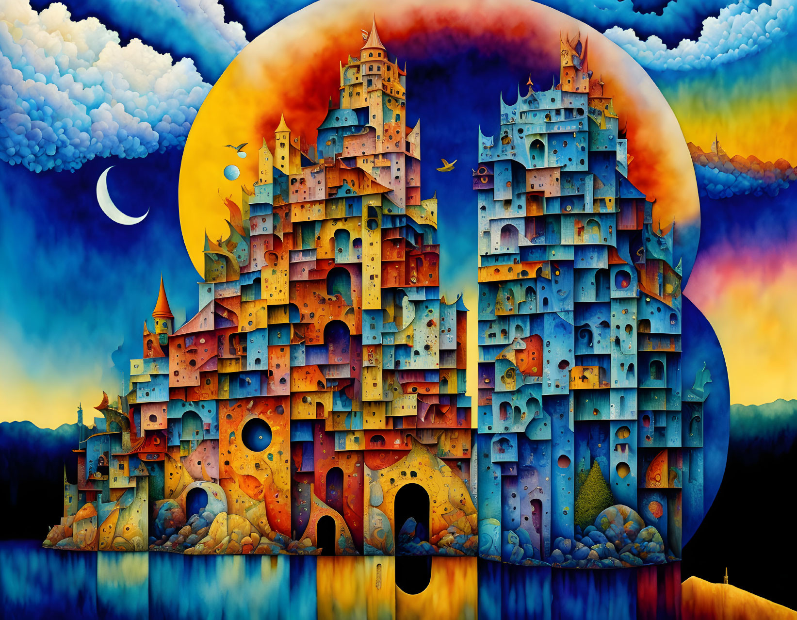Whimsical castle city painting with day-night sky contrast