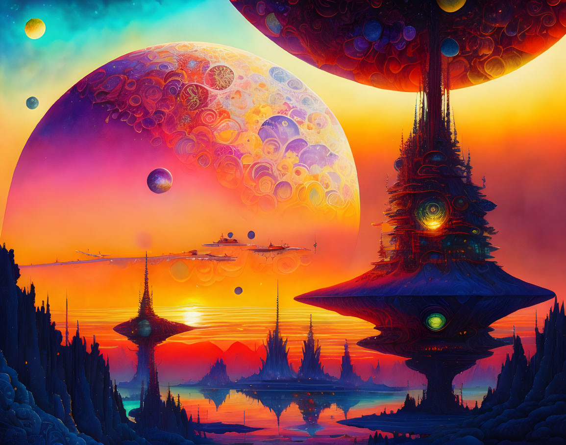 Futuristic science fiction landscape with towers, celestial bodies, and alien ocean at sunset