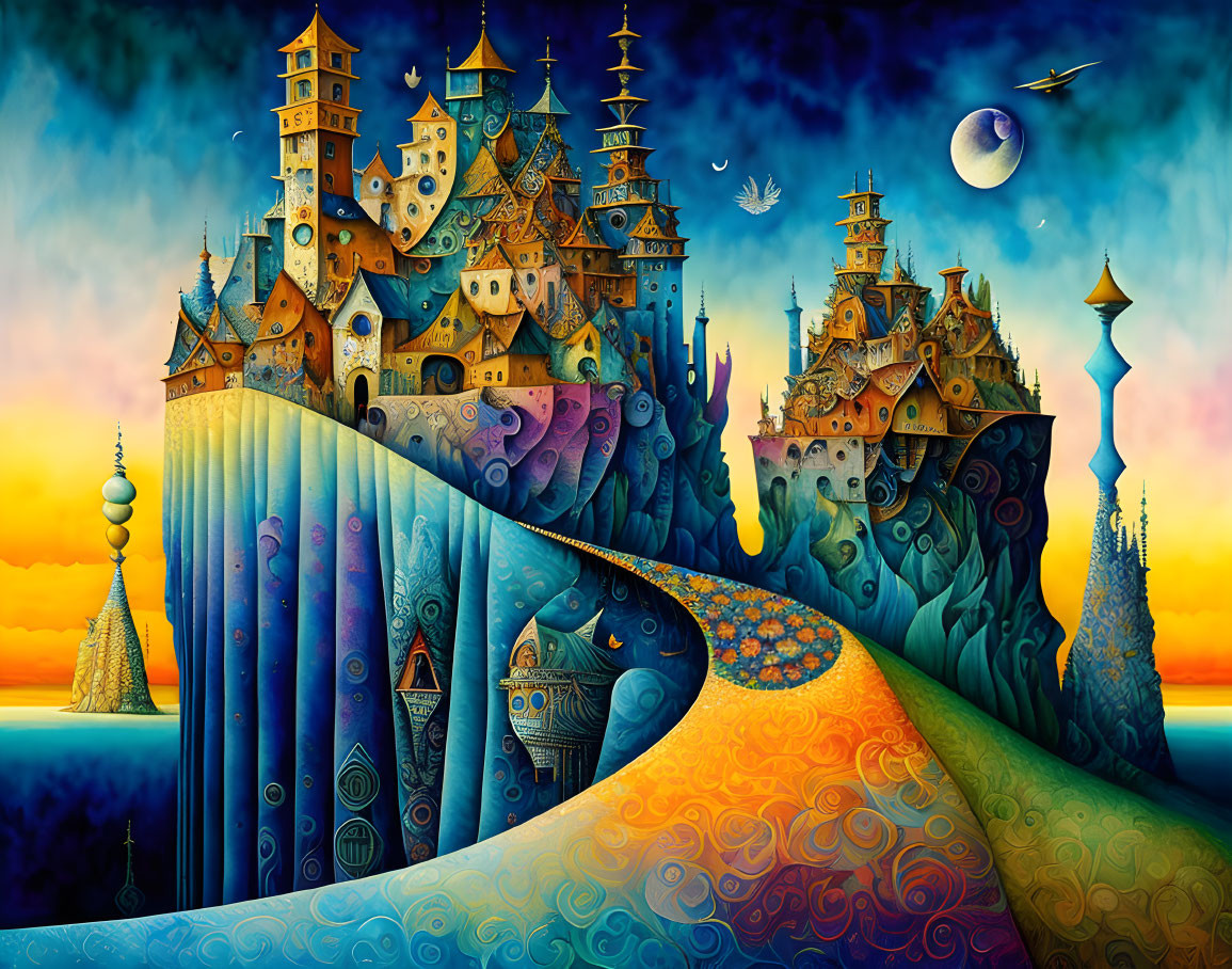 Surreal landscape with whimsical castles, crescent moon, and colorful pathway