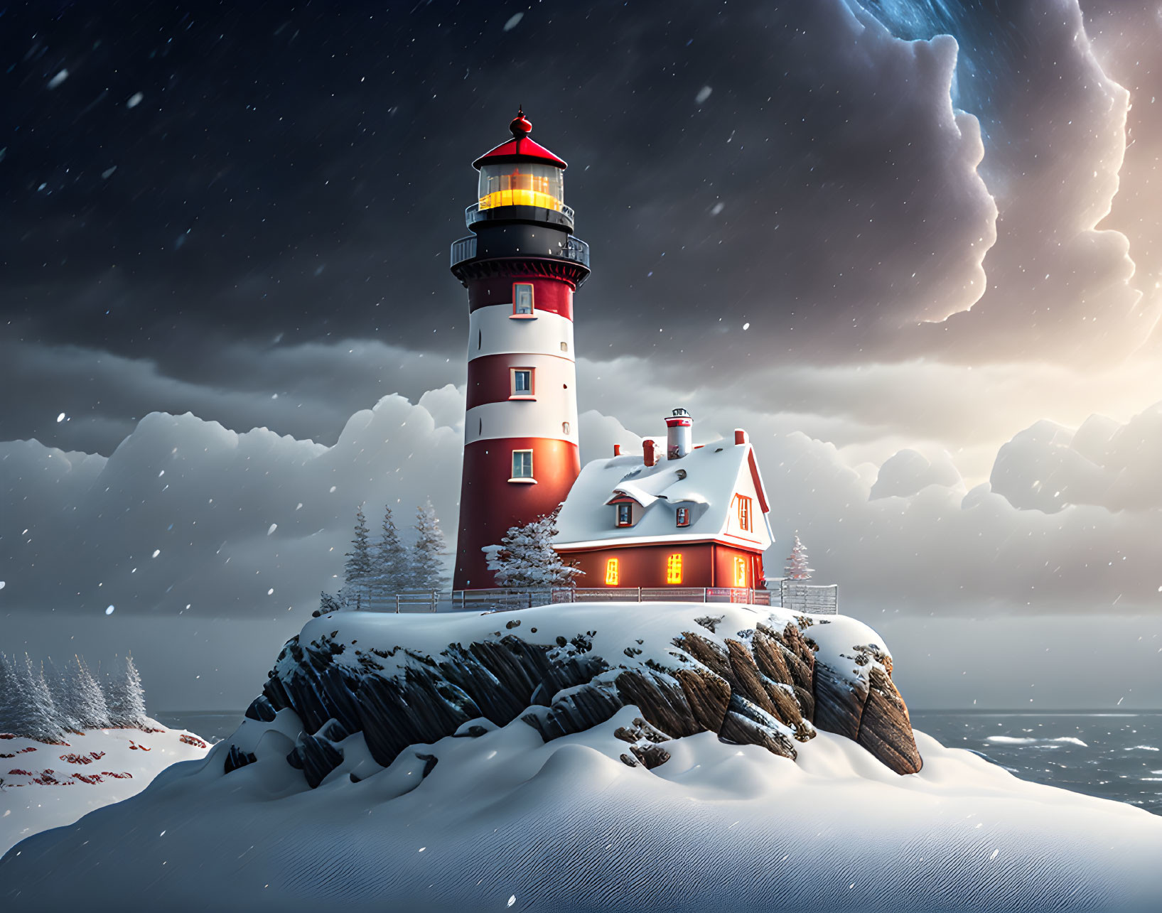 Snowy Cliff Lighthouse: Red and White Structure with Glowing Lights