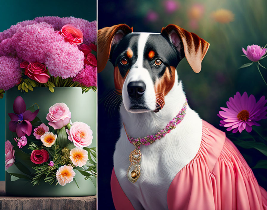 Pink floral arrangement next to stylized dog portrait in pink dress.