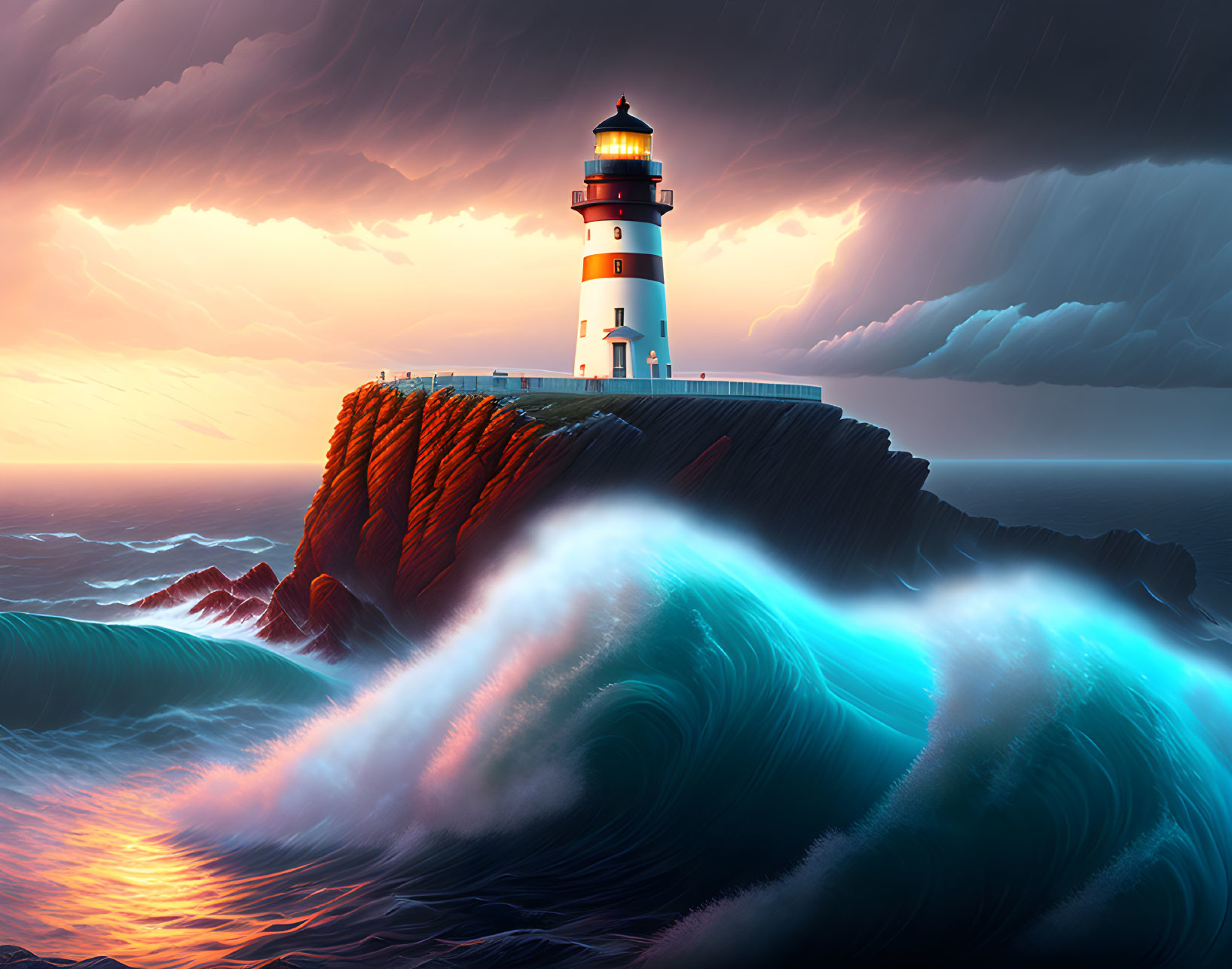 Lighthouse on craggy cliff with stormy sky and crashing waves at sunset