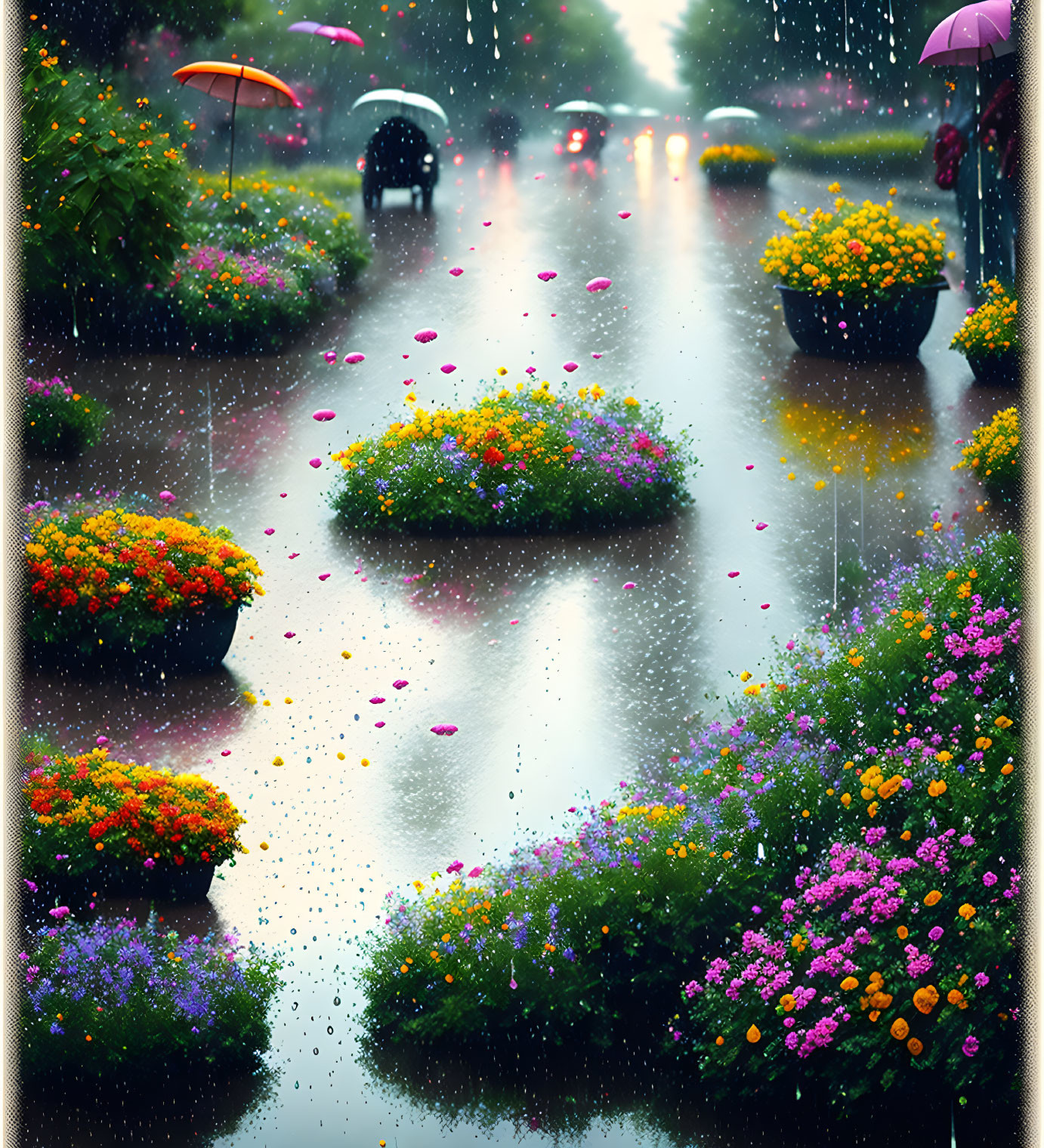 flowers and rain