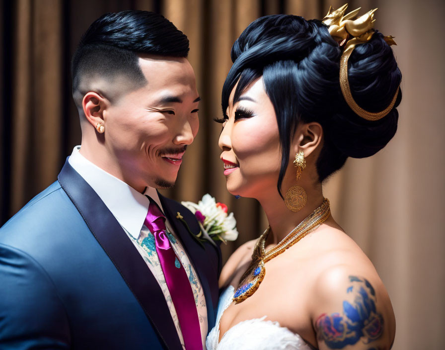 Elegant wedding couple with unique style and smiles